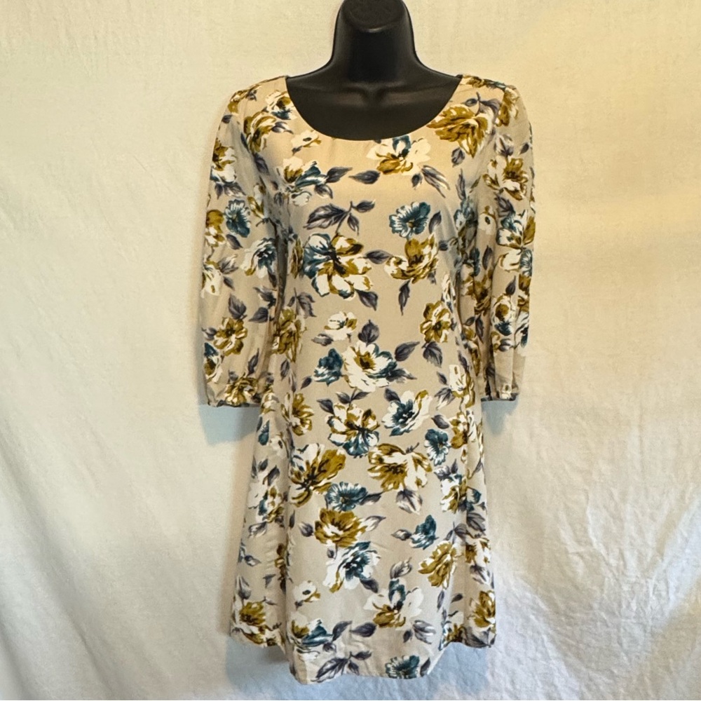 A-166 Pink Owl‎ Cream with Teal Floral 1/2 Sleeve Lined MIDI Dress Size S